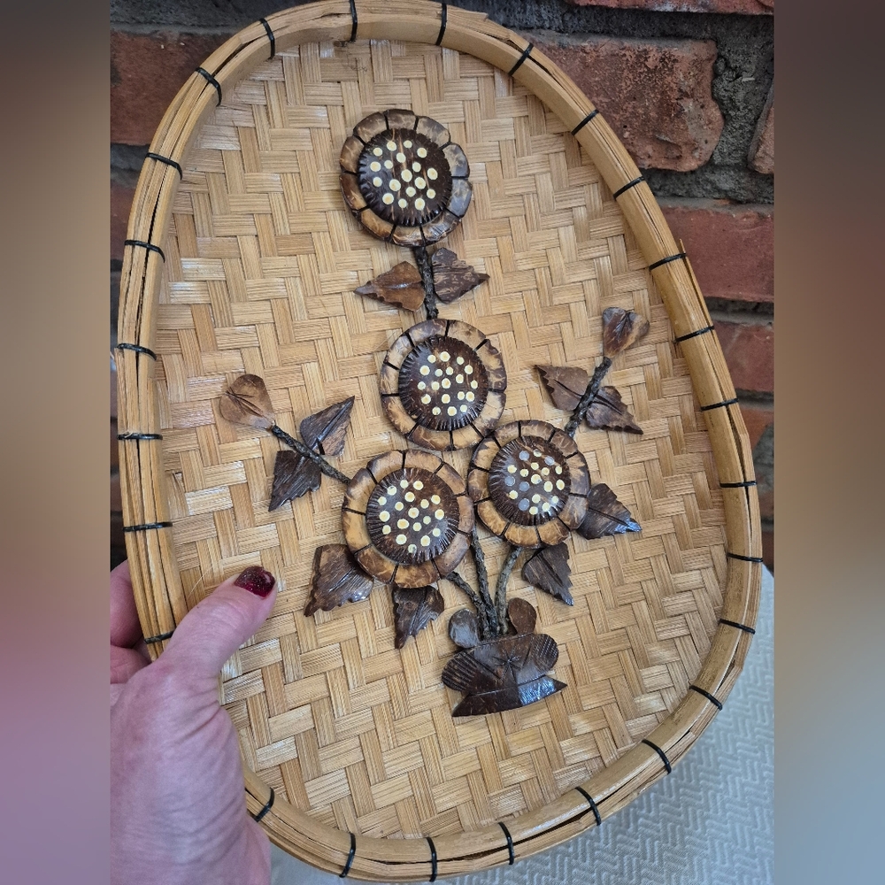 Vintage Handmade Floral Wicker And Coconut Shell Basket Wall Hanging - Picture 8 of 9